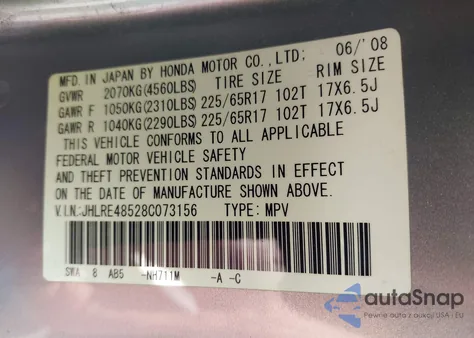 2008 Honda Cr-V Ex z USA, uszkodzony, nr VIN JHLRE48528C073156